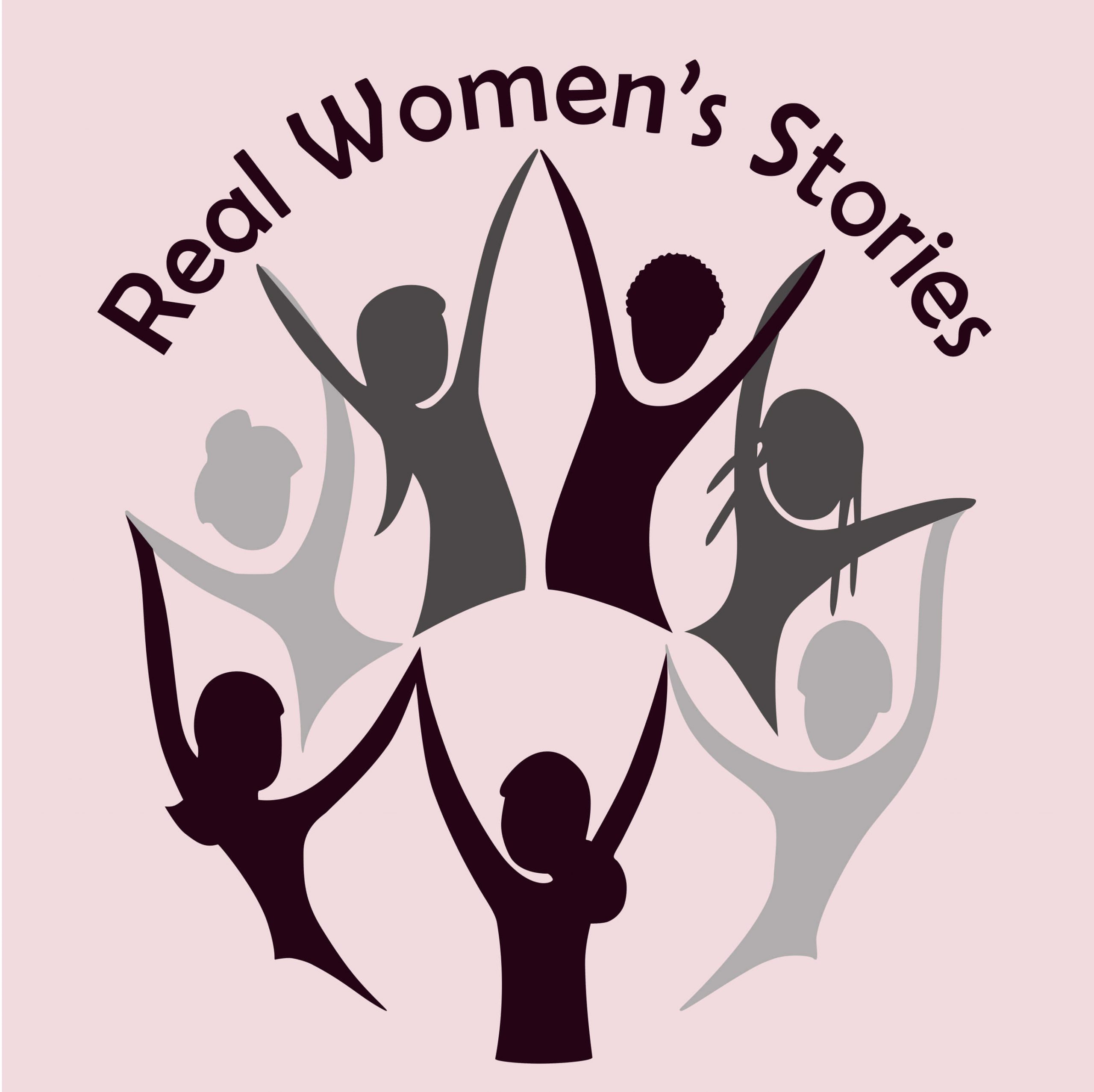 Real Women's Stories Logo. Pink oval with general shadow images of women holding hands
